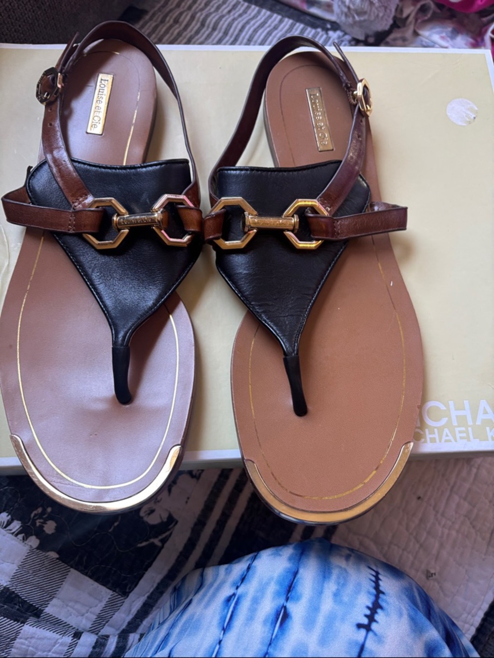Louise et Cie Black and Brown Leather T-Strap Sandals with Gold Accents
